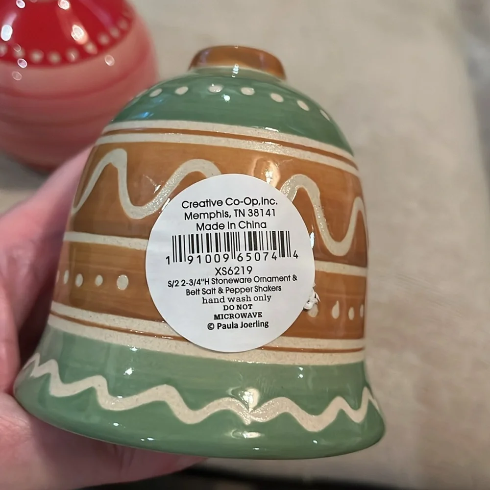 Hand-Painted Ornament & Bell Stoneware Salt & Pepper Shaker/NWT